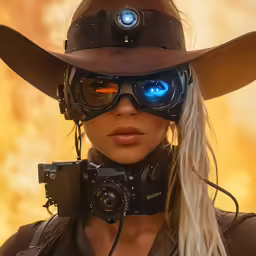 a woman in a cowboy hat and sunglasses holding a camera