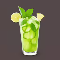 green cocktail in glass with lemon and mint