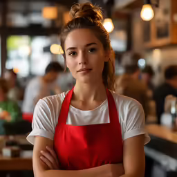 a beautiful young lady wearing a red apron