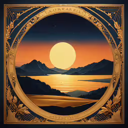 an image of a beautiful sunset and mountains,a golden circle that is painted with a sunset