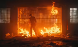 a man stands alone in a room with flames