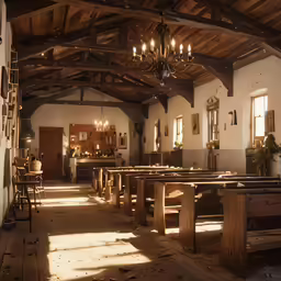 the interior of a wooden church with pews
