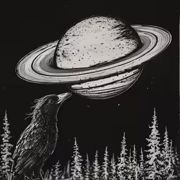 a drawing of a bird looking at an object that is in the sky
