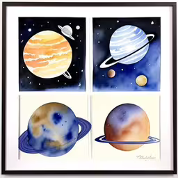 four different kinds of earth, including one saturn,a watercolor painting of three planets in the sky