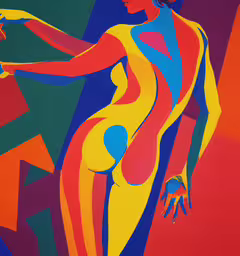 a painting with a person touching a bird,a painting of an individual in red, yellow and blue