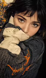 a girl posing with her hands around her neck