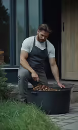 a man wearing an apron scoops food into a black bucket