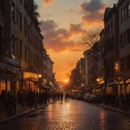 people walking on the pavement at sunset