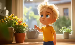 a child pointing to some flowers in front of it