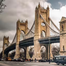 two vehicles driving past a very tall bridge