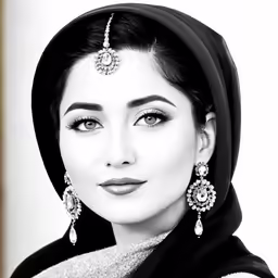 a woman wearing head veil and earrings