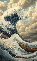 the waves are white and foamy with small boat in the middle