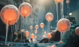 several large balloons float across the air, revealing a woman laying down
