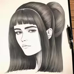 a girl with black hair in front of a black marker pen