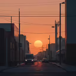 two cars driving down the road in a city