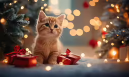 a small kitten laying next to christmas presents
