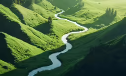 aerial view of winding stream and mountain scenery