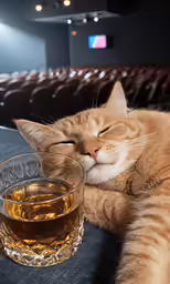 a cat laying next to a glass with tea
