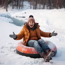 a kid on a bumper style tube having fun in the snow