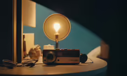 a camera sitting on top of a table next to a lamp