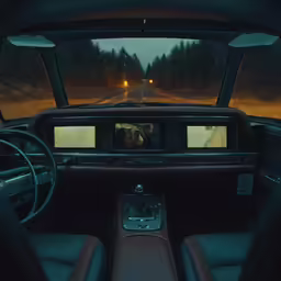 a large car that is in the dark with a reflection on the side