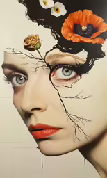 the woman has flowers on her head and is looking like she is holding something