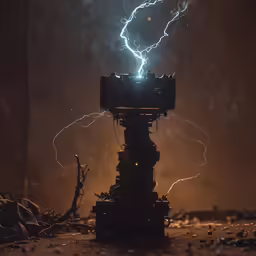 a photo taken at night of a black robot with a bolt coming from its head