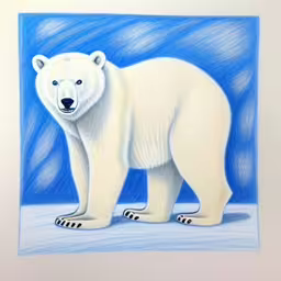 a white polar bear stands in front of a blue background