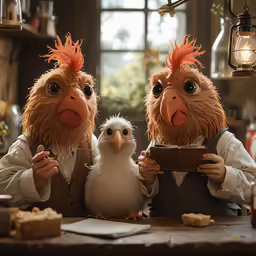 two cartoon characters holding different kinds of bird
