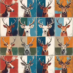 a wall mural depicting four different deer heads