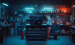 a person standing next to an object in a room