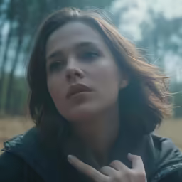 a woman wearing a black jacket in the woods
