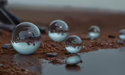 a group of shiny glass balls sit on a wet ground