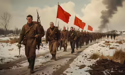 a group of soldiers walking through a field