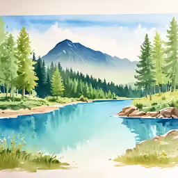 a painting of a river in the mountains
