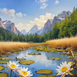 some white flowers and a lake in a forest