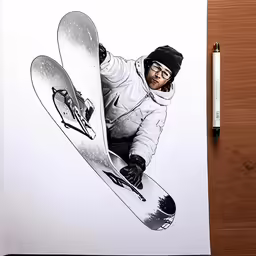 a drawing of a person on skiis wearing a white coat