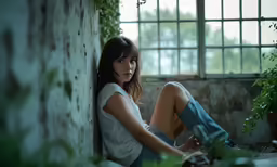 the woman is sitting on a ledge next to a wall