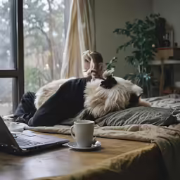 a person and a dog relax in bed, near the laptop