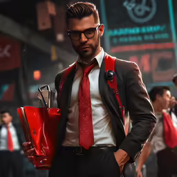 man wearing red suspenders and black suit jacket