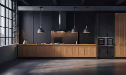 a modern kitchen that has been designed with wooden cabinets