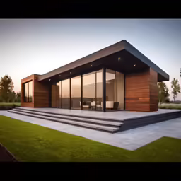 the modern home is built in a field with a deck