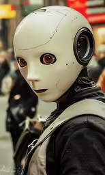a robot with headphones is standing on the sidewalk