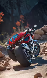the motor cycle is leaning on a rocky road
