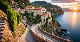there is a road that passes by a cliff with a boat coming out