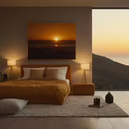 a modern bedroom with a bright sunset over the mountain