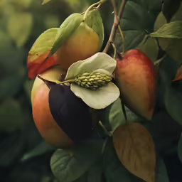 some leaves and fruits on a tree limb