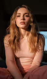 a beautiful young blond woman sitting on top of a bed