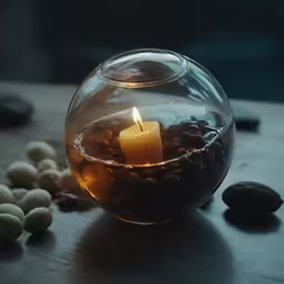 a lit candle sits in a bowl filled with pebbles