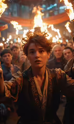 the young person in costume with torches stands in front of other people